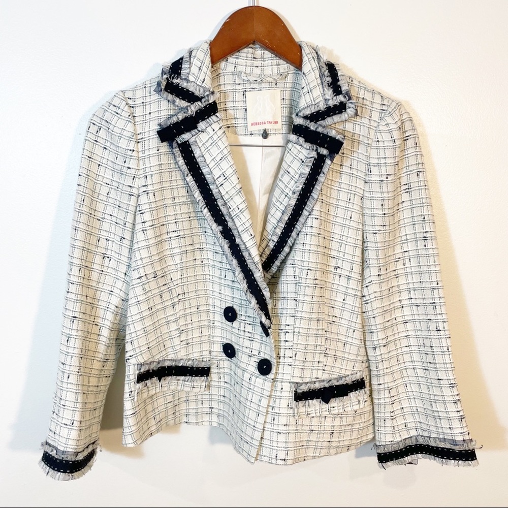 REBECCA TAYLOR Classic Tweed Blazer Fringe Bow 6 Preppy